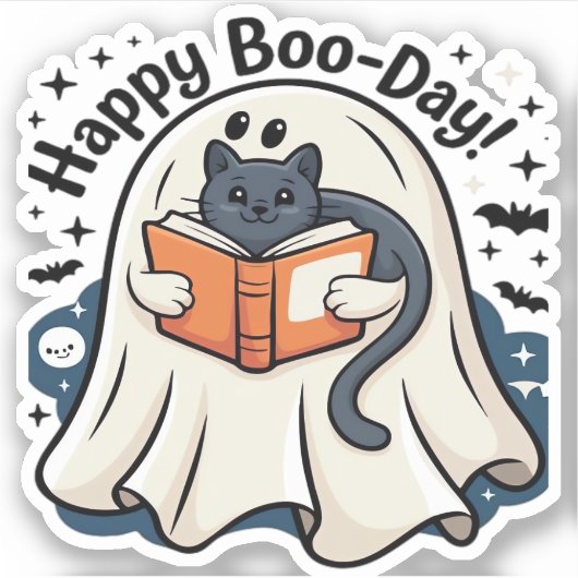Happy Boo-Day Ghost Cat PNG - Spooky Niedlich Over Aufkleber (Vorderseite)