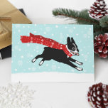 Happy Boston Terrier Winter Snow Weihnachten<br><div class="desc">Ein festlicher Urlaub zeichnend von einem glücklichen Schwarz-Weiß Boston Terrier mit einem roten Schal, der durch den fallenden Schnee läuft. Die innere Nachricht lautet: "Happy Holidays!" Dieser Text kann mit Ihrem eigenen Gruß personalisiert werden. Eine perfekte Urlaubskarte für Begleiter-Services, um Kunden, Freunden und Kunden individuell zu gestalten und zu versenden....</div>