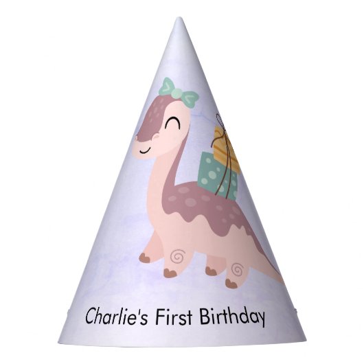Happy Brachiosaur Dinosaurier mit Geschenken, lila Partyhütchen (Vorderseite)
