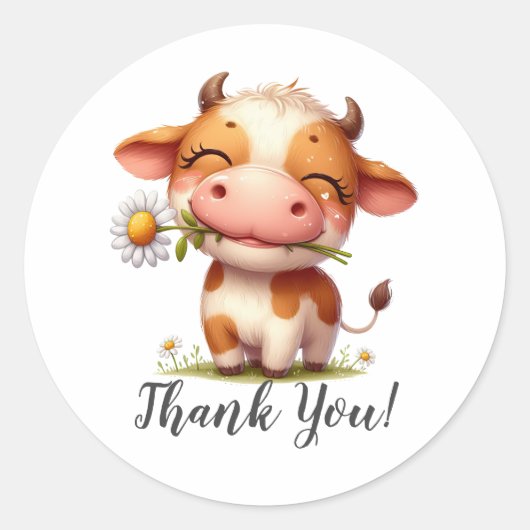 Happy Brown Cow mit Blume Danke Runder Aufkleber (Vorderseite)