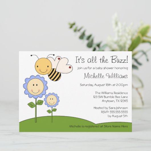 Happy Bumble Bee Blue Daisy Baby Dusche Einladung (Stehend Vorderseite)