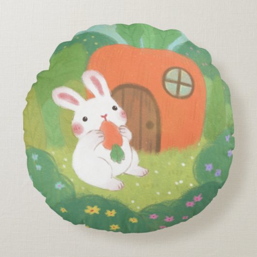 Happy Bunny mit Carrot in Forest Rundes Kissen (Vorderseite)