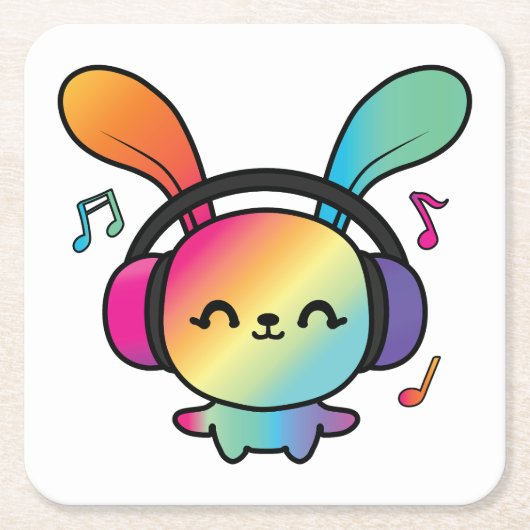 Happy Bunny mit Kopfhörern, die Musik hören. Rechteckiger Pappuntersetzer (Vorderseite)