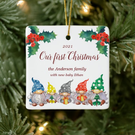 Happy bunt gnomes erste Weihnachtsfeier Foto Keramikornament (Baum)