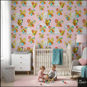 Happy Butterfly Cloud Sky Pattern - rosa Tapete