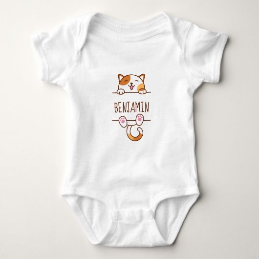 Happy Calico Cat Peeking hinter Individuelle Name Baby Strampler (Vorderseite)