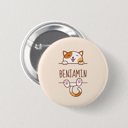 Happy Calico Cat Peeking hinter Individuelle Name Button (Vorne & Hinten)