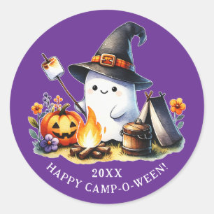 Happy Camp-o-ween Ghost Camping Halloween Lila Runder Aufkleber
