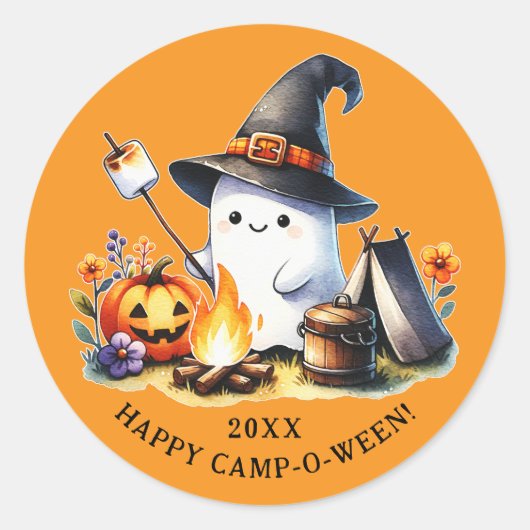 Happy Camp-o-ween Ghost Camping Halloween Orange Runder Aufkleber (Vorderseite)