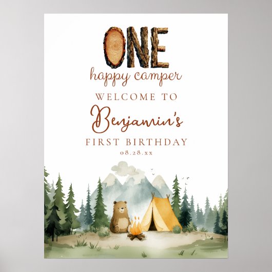 Happy Camper Bear 1st Birthday Welcome Sign Poster (Vorne)
