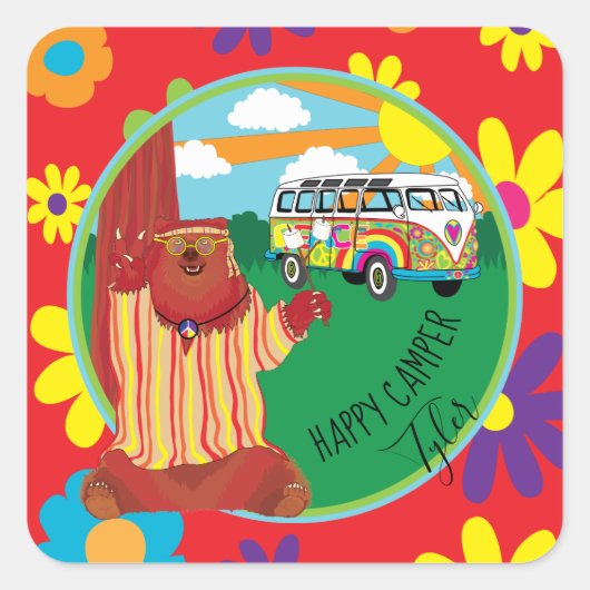 Happy Camper Bear Blume Stickers Square (Vorderseite)