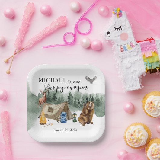 Happy Camper Birthday Forest Bear Pappteller (Party)