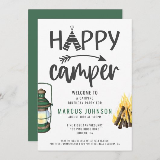 Happy Camper Boys Geburtstagsparty Einladung (Vorne/Hinten)