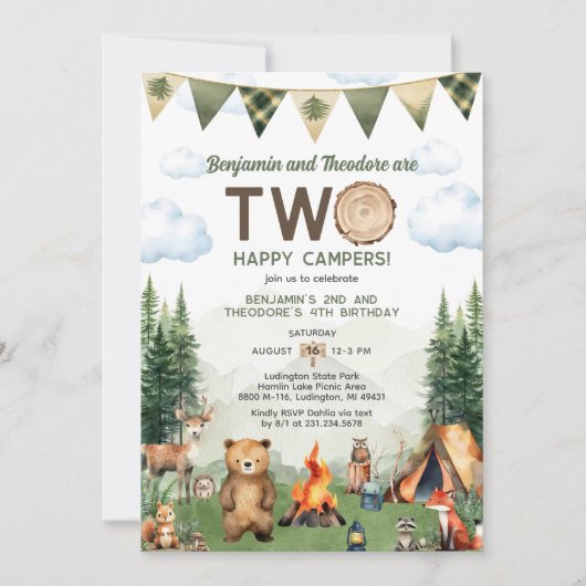 Happy Camper Doppelter Geburtstag Einladung (Vorderseite)