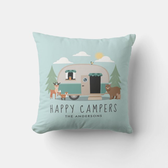 Happy Camper Familienname Throw Kissen (Vorderseite)