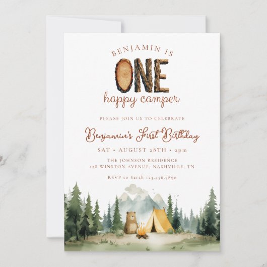 Happy Camper Forest Bear 1st Birthday Einladung (Vorderseite)