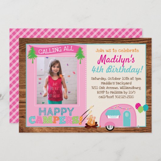 Happy Camper Girl Foto Geburtstagsparty Einladung (Vorne/Hinten)