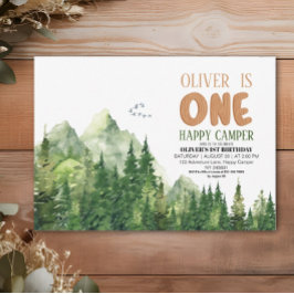 Happy Camper Green Watercolor Forest 1. Geburtstag Einladung