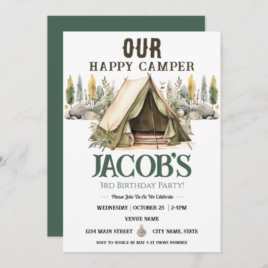 Happy Camper Kids 3. Geburtstag Einladung (Vorne/Hinten)
