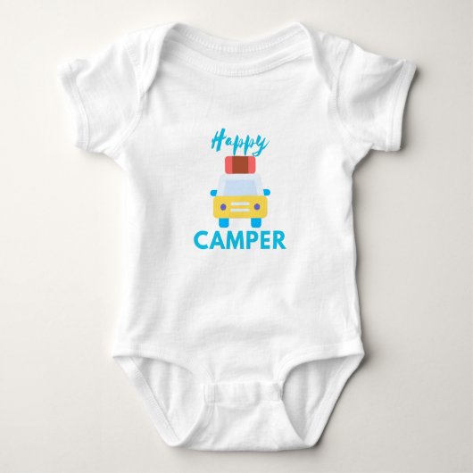 Happy Camper mit Gelb/Weiß Auto mit Gepäck Baby Strampler (Vorderseite)