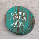 Happy Camper Mountain Adventure Aquamarin Barn Cam Runder Pappuntersetzer<br><div class="desc">Happy Camper Rustic Mountain Adventure Aquamarin Barn Wood Camping Untersetzer.</div>