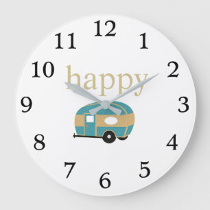 Happy Camper Personality Gold Teal Travel Trailer Große Wanduhr