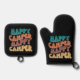 Happy Camper Retro Wavy Text Black Hintergrund Ofenhandschuh & Topflappen-Set