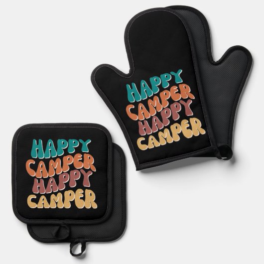 Happy Camper Retro Wavy Text Black Hintergrund Ofenhandschuh & Topflappen-Set (Vorderseite/Rückseite)