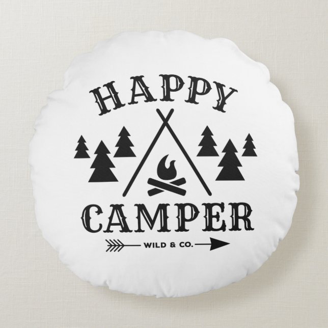 Happy Camper Rundes Kissen (Vorderseite)