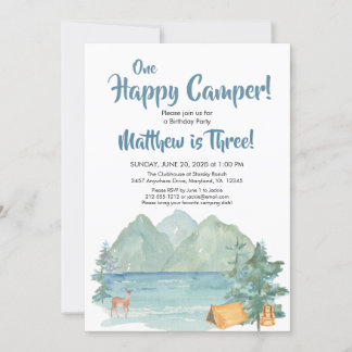 Happy Camper Rustic Mountains Kindergeburtstag Einladung