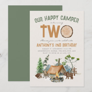 Happy Camper Watercolor Woodland 2. Geburtstag Einladung