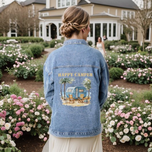 Happy Camper Women's Denim Jacket Jeansjacke (Hochzeit Rückseite)