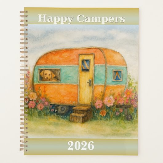 Happy Campers 2025 Spiral Notebook — Retro Caravan Planer (Vorderseite)