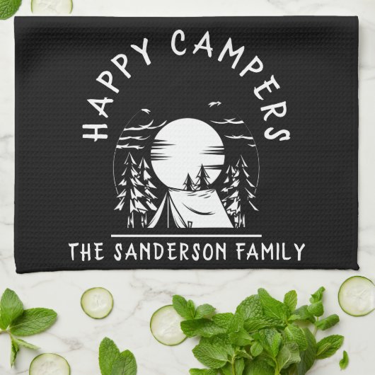 Happy Campers Family Name Camping Trip Schwarz-wei Geschirrtuch (Gefaltet)