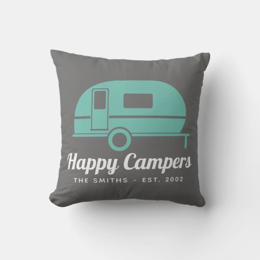 Happy Campers Graues Aquamarines Camping Kissen (Vorderseite)