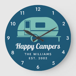 Happy Campers Navy Aquamarines Camping Große Wanduhr