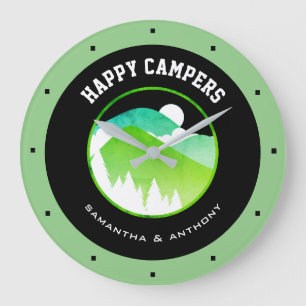 Happy Campers Paare nennen Green Black Camping Große Wanduhr