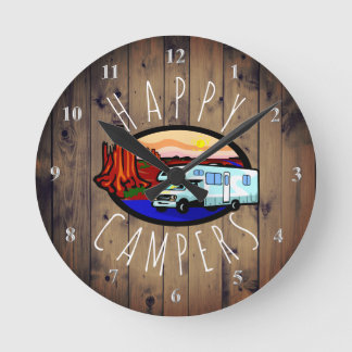 Happy Campers Pension RV Camping Rustic Wood Runde Wanduhr