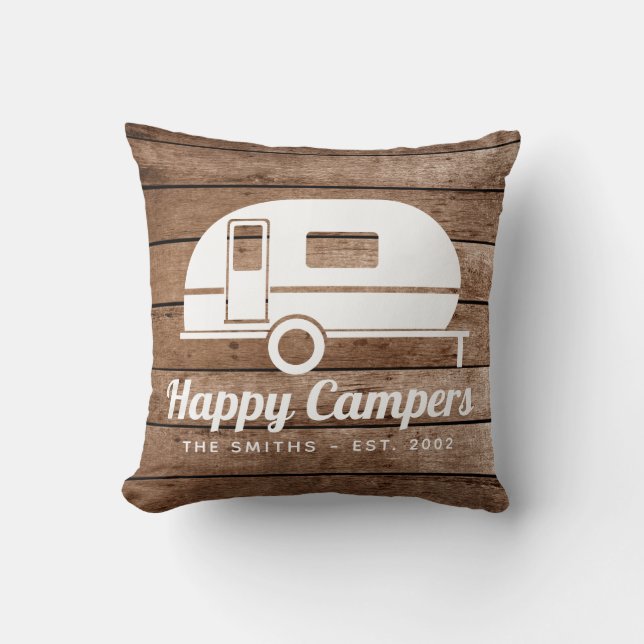 Happy Campers Rustic Wood Camping Throw Kissen (Vorderseite)