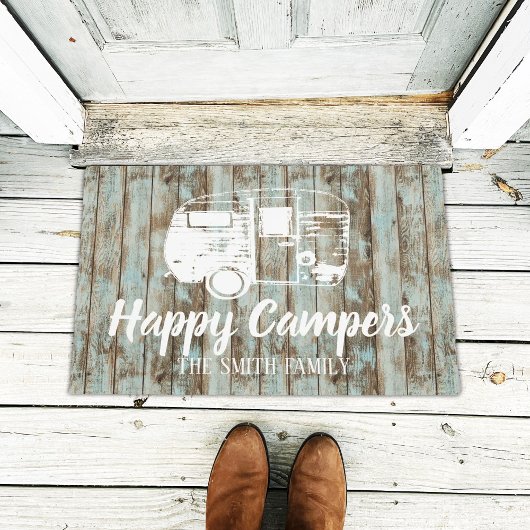 Happy Campers Rustic Wood Family Name Fußmatte