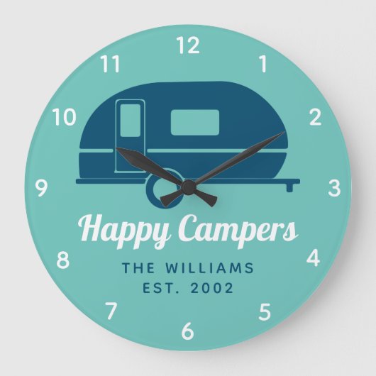 Happy Campers Teal Navy Camping Große Wanduhr (Vorderseite)