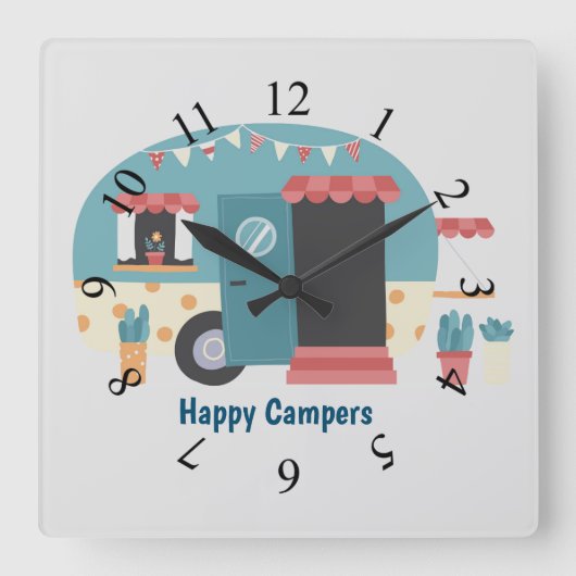 Happy Campers Trailer Quadratische Wanduhr (Vorderseite)