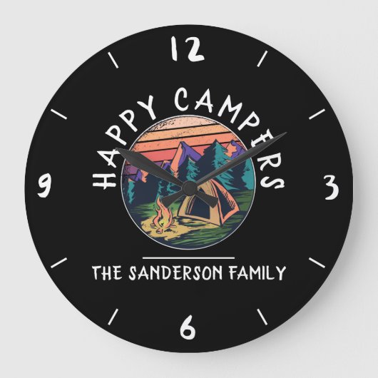 Happy Campers Zent Custom Family Name Camping Große Wanduhr (Vorderseite)