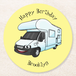 Happy campervan Cartoon Illustration Runder Pappuntersetzer
