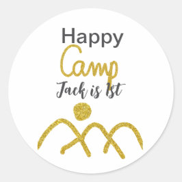 Happy camping camper one birthday kids golden sun runder aufkleber