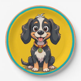 Happy Cartoon Dog in einem farbigen Circular Frame Pappteller