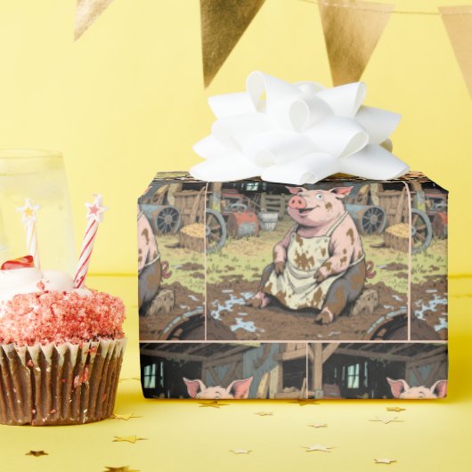 Happy Cartoon Pig in einer landwirtschaftlichen Sc Geschenkpapier (Geburtstagsparty)