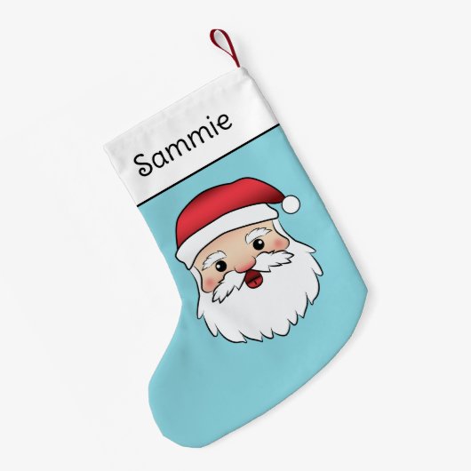 Happy Cartoon Santa Claus Head On Blue Kleiner Weihnachtsstrumpf (Rückseite (Hängend))