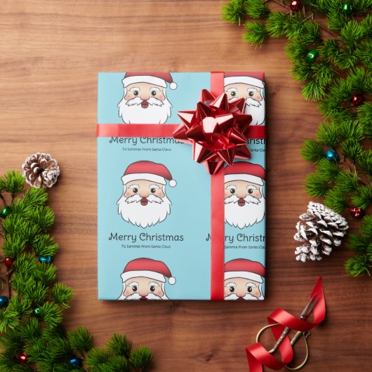 Happy Cartoon Santa Claus Kopf auf blau und Text Geschenkpapier (Feiertagsgeschenk)
