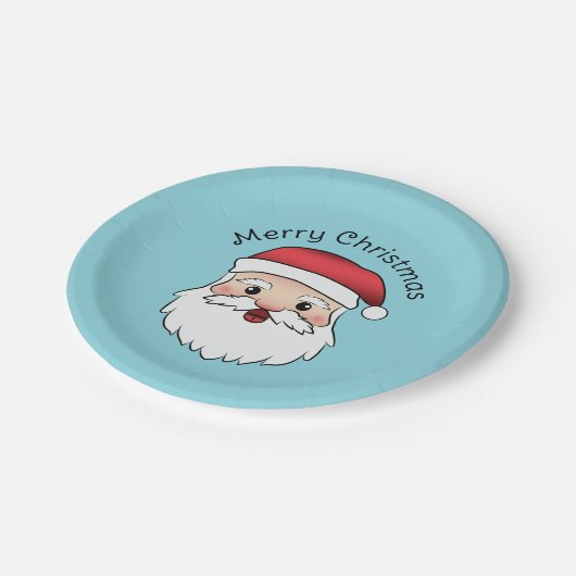 Happy Cartoon Santa Claus Kopf auf blau und Text Pappteller (Schrägansicht)